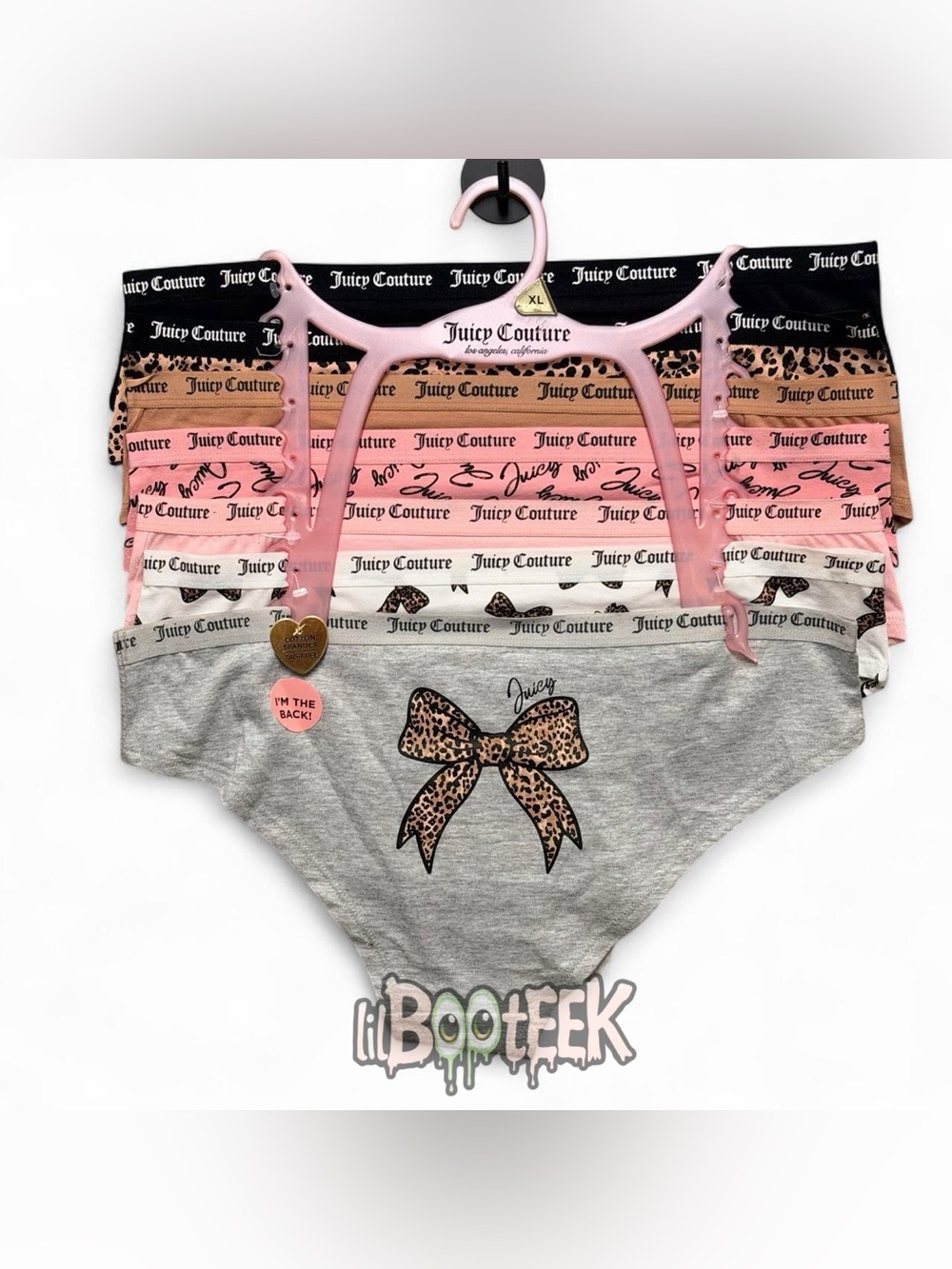Juicy Couture 7 Pack Panties XL Leopard Print Bows & Gold Logo NEW Y2K Coquette